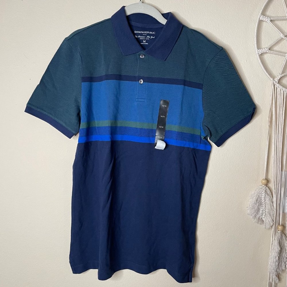 New Banana Republic Factory Color Block Cotton Polo Shirt Blue Green Mens Size M
